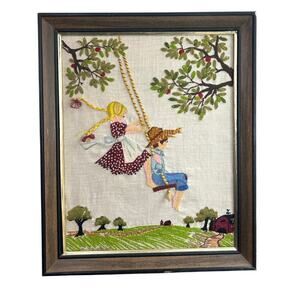 Vintage Crewel- Framed 19x23"- Some wear missing section- Girl Boy Tree Swing